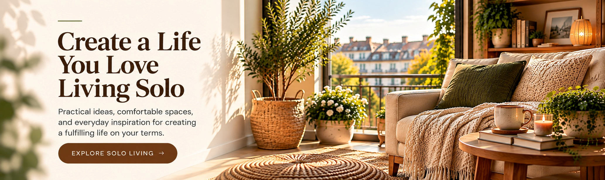 Cozy sunlit living room with a comfortable chair, plants, books, coffee table, and balcony, representing a warm and fulfilling solo lifestyle.